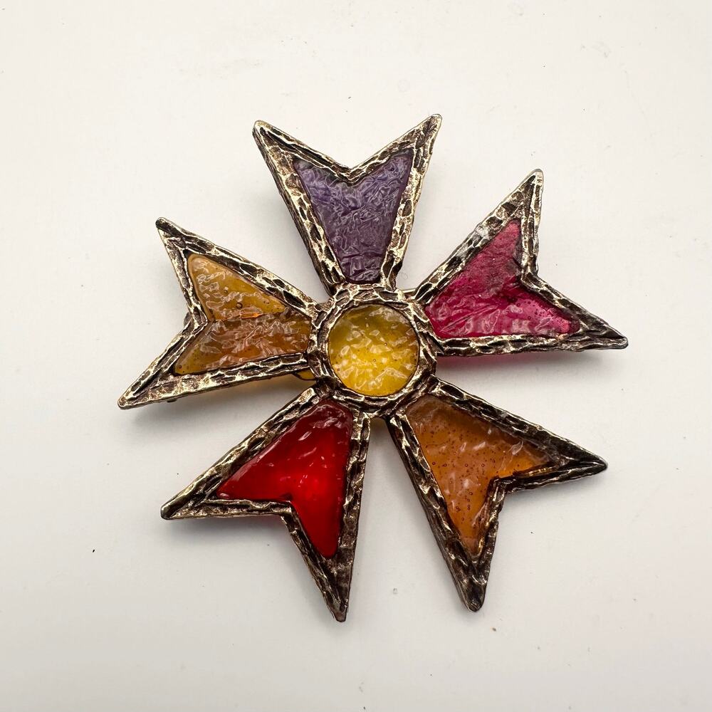 Vintage Mid Centruy Brutalist Maltese Cross Brooch Pin Plique a Jour Resin